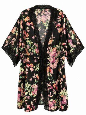 NWT iCollection Front Tie Satin Print Robe Lace Trim Sz 2X Black Floral Kimono